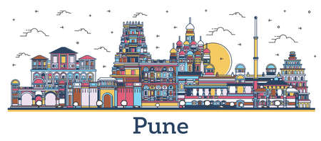Outline Pune India City Skyline with Colored Buildings Isolated on White. vector illustration. Pune Maharashtra Cityscape with Landmarks.のイラスト素材
