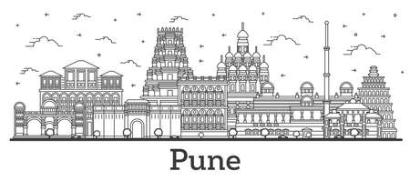 Outline Pune India City Skyline with Historic Buildings Isolated on White. vector illustration. Pune Maharashtra Cityscape with Landmarks.のイラスト素材