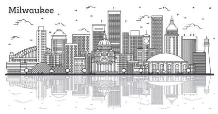 Outline Milwaukee Wisconsin City Skyline with Reflections and Modern Buildings Isolated on White. vector illustration. Milwaukee USA Cityscape with Landmarks.のイラスト素材