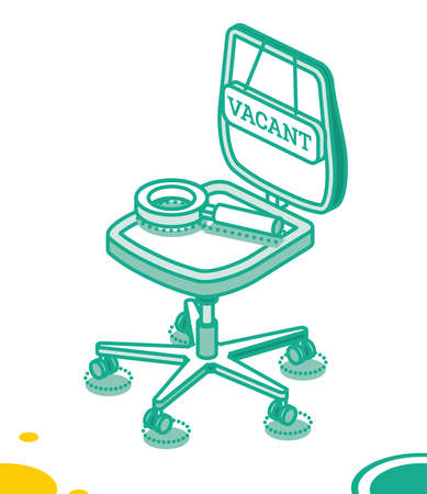 Empty Office Chair with Vacancy Sign and Magnifying Glass. Search Employees to Company. vector illustration. Recruiting or Hiring, Open Vacancy. Isometric Outline Concept.のイラスト素材