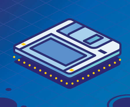 Isometric Floppy Disk. vector illustration. Diskette on Blue Background. Retro Electronic Storage Device.のイラスト素材