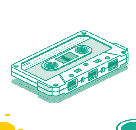 Retro Audio Cassette Tape. Isometric Outline Music Concept. Retro Device from 80s and 90s Isolated on White. vector illustration.のイラスト素材