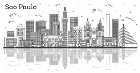 Outline Sao Paulo Brazil City Skyline with Modern Buildings and Reflections Isolated on White. vector illustration. Sao Paulo Cityscape with Landmarks.のイラスト素材