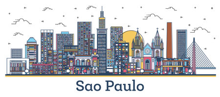 Outline Sao Paulo Brazil City Skyline with Colored Buildings Isolated on White. vector illustration. Sao Paulo Cityscape with Landmarks.のイラスト素材
