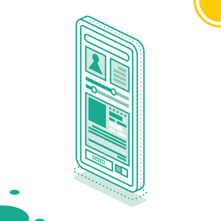 smartphone. vector illustration. Isometric Modern Digital Device Isolated on White Background. Display with touchscreen. outline concept. Web Interface on the Screen. UI design.のイラスト素材