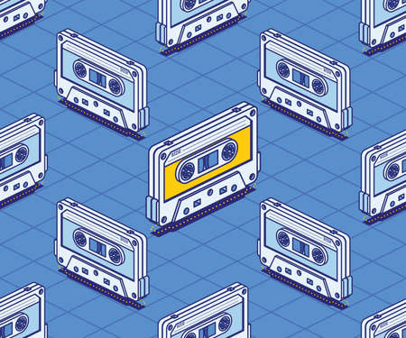Isometric Audio Cassette Tape Seamless Pattern. vector illustration. Outline Music Concept. Retro Electronic Audio Device. Concept 80s and 90s.のイラスト素材