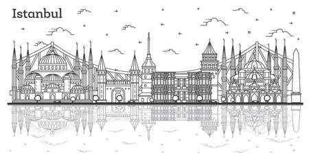 Outline Istanbul Turkey City Skyline with Reflections and Historic Buildings Isolated on White. vector illustration. Istanbul Cityscape with Landmarks.のイラスト素材