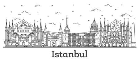 Outline Istanbul Turkey City Skyline with Historic Buildings Isolated on White. vector illustration. Istanbul Cityscape with Landmarks.のイラスト素材