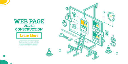 Web Page of Website Under Construction. vector illustration. Isometric Outline Concept. Monitor with Crane and Design Elements. Template for Under Maintenance Page.のイラスト素材
