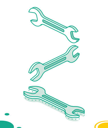 Isometric Wrench Icon Isolated on White. vector illustration. Spanner in Outline Style. work tool. Green Key Under Different Angles.のイラスト素材