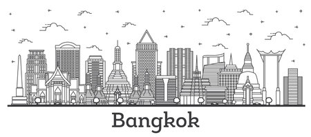 Outline Bangkok Thailand City Skyline with Modern and Historic Buildings Isolated on White. vector illustration. Bangkok Cityscape with Landmarks.のイラスト素材