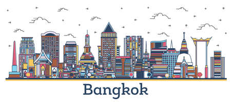Outline Bangkok Thailand City Skyline with Colored Modern and Historic Buildings Isolated on White. vector illustration. Bangkok Cityscape with Landmarks.のイラスト素材