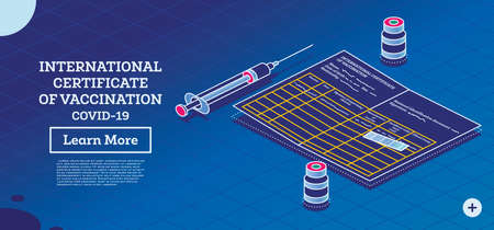 International Certificate of Vaccination - Coronavirus Covid-19. Isometric Outline Concept with Syringe and Vial of Vaccine. vector illustration. Border Control and Quarantine for Infected Tourists.のイラスト素材