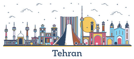 Outline Tehran Iran City Skyline with Colored Historic Buildings Isolated on White. vector illustration. Teheran Persia Cityscape with Landmarks.のイラスト素材