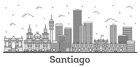 Outline Santiago Chile City Skyline with Modern and Historic Buildings Isolated on White. vector illustration. Santiago Cityscape with Landmarks.のイラスト素材