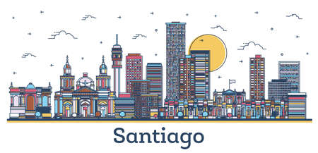 Outline Santiago Chile City Skyline with Colored Modern and Historic Buildings Isolated on White. vector illustration. Santiago Cityscape with Landmarks.のイラスト素材