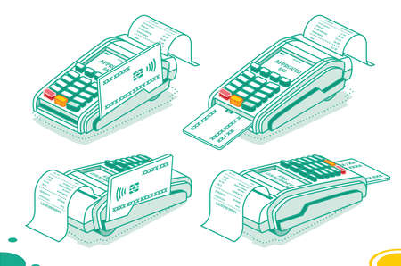 Isometric POS Terminal with Credit Card and Cash Receipt Isolated on White Background. payment machine. secure payment. vector illustration. Online Cashier with Credit Card. Cash Register Terminal.のイラスト素材