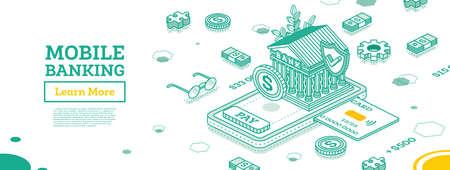 Bank Building on Top of Smartphone. Isometric Financial Concept. vector illustration. Credit Card Inserted in Phone. Mobile Banking App. banknotes and coins.のイラスト素材