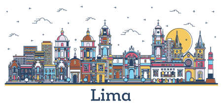 Outline Lima Peru City Skyline with Modern and Historic Colored Buildings Isolated on White. vector illustration. Lima Cityscape with Landmarks.のイラスト素材