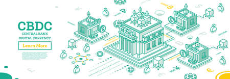 Central Bank Digital Currency or CBDC. Isometric Financial Concept with Scheme of Interaction between Central Bank and Commercial Banks. blockchain technology. vector illustration.のイラスト素材