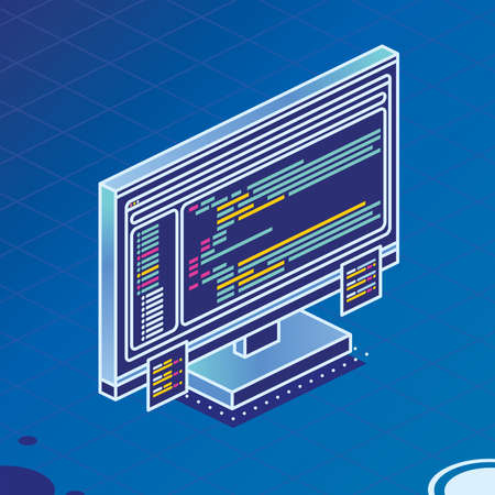 Isometric PC Computer Monoblock with Program's Code and Two Stickers. Outline Monitor on Blue Background. vector illustration.のイラスト素材