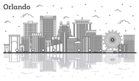 Outline Orlando Florida City Skyline with Modern Buildings and Reflections Isolated on White. vector illustration. Orlando USA Cityscape with Landmarks.のイラスト素材