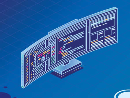 Isometric Curved Gaming Monitor with Open Web Pages and Folders. PC Computer Monoblock. Outline Monitor on Blue Background. vector illustration. Ultrawide 4K UHD Design.のイラスト素材