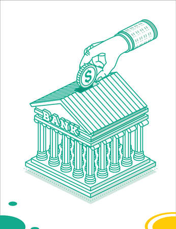 Hand Puts a Dollar Coin Inside of the Bank Building. Isometric Saving Money Concept. vector illustration. Investing and Open Bank Deposit.のイラスト素材