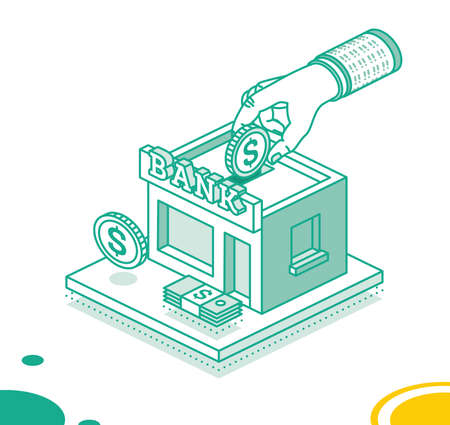 Hand Puts a Dollar Coin Inside of the Bank Building. Isometric Saving Money Concept. vector illustration. Outline Paper Banknote. Investing and Open Bank Deposit.のイラスト素材