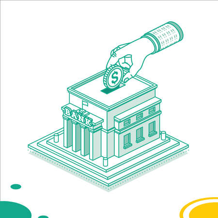 Hand Puts a Dollar Coin Inside of the Bank Building. Isometric Saving Money Concept. vector illustration. Investing and Open Bank Deposit.のイラスト素材