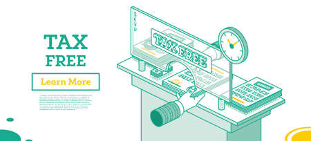 Tax Free Desk. Hand Gives Documents to Get Own Money. Tax Return Outline Concept. Isometric Vat Refund at the Airport. vector illustration.のイラスト素材