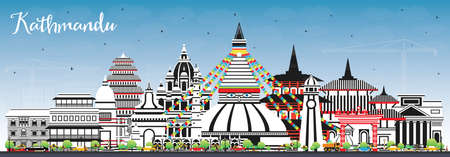 Kathmandu Nepal City Skyline with Color Buildings and Blue Sky. vector illustration. Kathmandu Cityscape with Landmarks. Business Travel and Tourism Concept with Historic Architecture.のイラスト素材