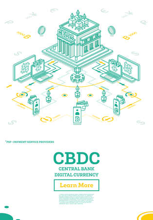 Central Bank Digital Currency or CBDC. Isometric Financial Concept with Scheme of Interaction between Central Bank and Payment Service Providers. blockchain technology. vector illustration.のイラスト素材
