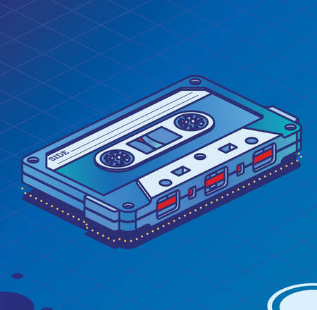 Retro Audio Cassette Tape. Isometric Outline Music Concept. Retro Device from 80s and 90s. vector illustration.のイラスト素材