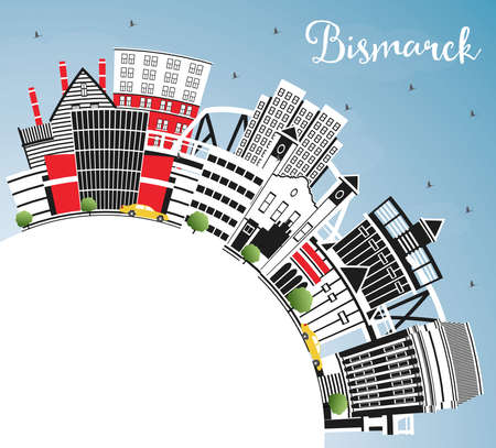 Bismarck North Dakota City Skyline with Color Buildings, Blue Sky and Copy Space. vector illustration. Bismarck USA Cityscape with Landmarks. Travel and Tourism Concept with Modern Architecture.のイラスト素材