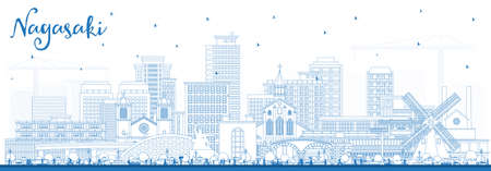 Outline Nagasaki Japan City Skyline with Blue Buildings. vector illustration. Nagasaki Cityscape with Landmarks. Business Travel and Tourism Concept with Historic Architecture.のイラスト素材