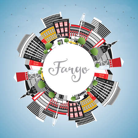 Fargo North Dakota City Skyline with Color Buildings, Blue Sky and Copy Space. vector illustration. Fargo USA Cityscape with Landmarks. Business Travel and Tourism Concept with Modern Architecture.のイラスト素材