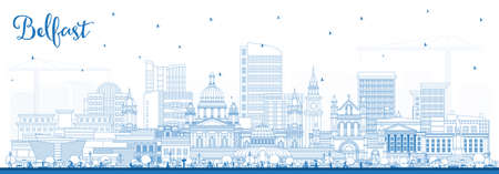 Outline Belfast Northern Ireland City Skyline with Blue Buildings. vector illustration. Belfast Cityscape with Landmarks. Business Travel and Tourism Concept with Historic Architecture.のイラスト素材