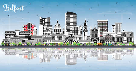 Belfast Northern Ireland City Skyline with Color Buildings, Blue Sky and Reflections. vector illustration. Belfast Cityscape with Landmarks. Travel and Tourism Concept with Historic Architecture.のイラスト素材