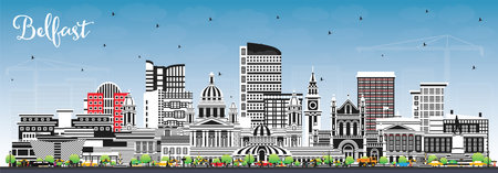Belfast Northern Ireland City Skyline with Color Buildings and Blue Sky. vector illustration. Belfast Cityscape with Landmarks. Business Travel and Tourism Concept with Historic Architecture.のイラスト素材