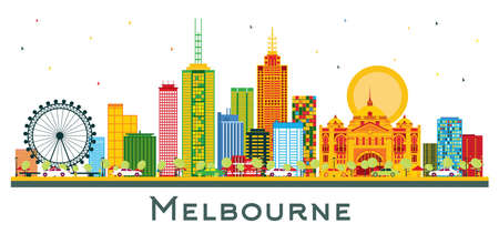 Melbourne Australia City Skyline with Color Buildings Isolated on White. vector illustration. Business Travel and Tourism Concept with Modern Architecture. Melbourne Cityscape with Landmarks.のイラスト素材