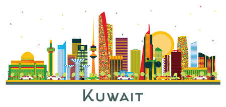 Kuwait City Skyline with Color Buildings Isolated on White. vector illustration. Business Travel and Tourism Concept with Modern Architecture. Kuwait Cityscape with Landmarks.のイラスト素材