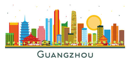 Guangzhou China City Skyline with Color Buildings Isolated on White. vector illustration. Business Travel and Tourism Concept with Modern Architecture. Guangzhou Cityscape with Landmarks.のイラスト素材