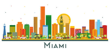 Miami  City Skyline with Color Buildings Isolated on White. vector illustration. Business Travel and Tourism Concept with Modern Architecture. Miami USA Cityscape with Landmarks.のイラスト素材