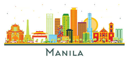 Manila Philippines City Skyline with Color Buildings Isolated on White. vector illustration. Business Travel and Tourism Concept with Modern Architecture. Manila Cityscape with Landmarks.のイラスト素材