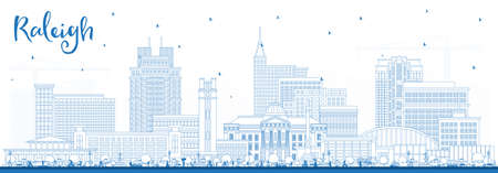 Outline Raleigh North Carolina City Skyline with Blue Buildings. vector illustration. Raleigh Cityscape with Landmarks. Business Travel and Tourism Concept with Modern Architecture.のイラスト素材