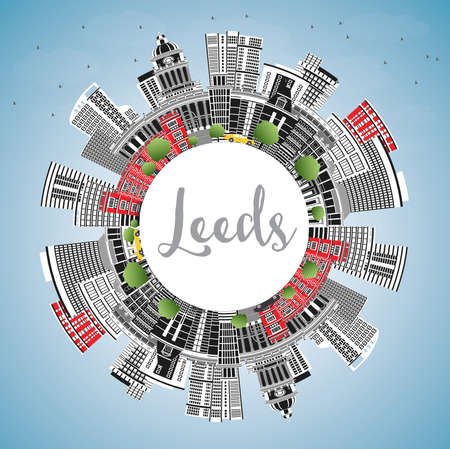 Leeds UK City Skyline with Color Buildings, Blue Sky and Copy Space. vector illustration. Leeds Yorkshire Cityscape with Landmarks. Business Travel and Tourism Concept with Historic Architecture.のイラスト素材