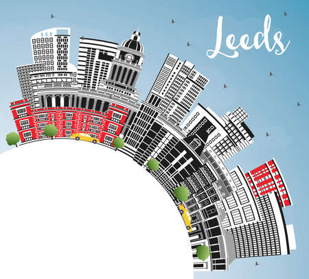 Leeds UK City Skyline with Color Buildings, Blue Sky and Copy Space. vector illustration. Leeds Yorkshire Cityscape with Landmarks. Business Travel and Tourism Concept with Historic Architecture.のイラスト素材