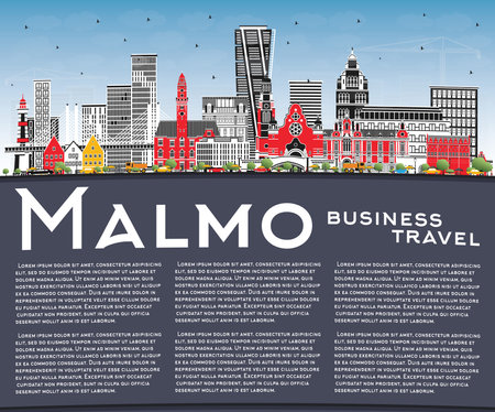 Malmo Sweden City Skyline with Color Buildings, Blue Sky and Copy Space. vector illustration. Malmo Cityscape with Landmarks. Business Travel and Tourism Concept with Historic Architecture.のイラスト素材