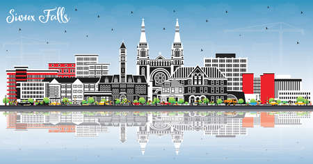 Sioux Falls South Dakota City Skyline with Color Buildings, Blue Sky and Reflections. vector illustration. Sioux Falls USA Cityscape with Landmarks. Tourism Concept with Modern Architecture.のイラスト素材